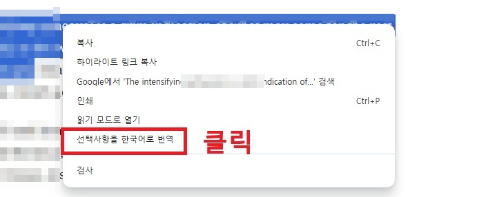 메뉴창에 선택 사항을 한국어로 번역 메뉴 보임
