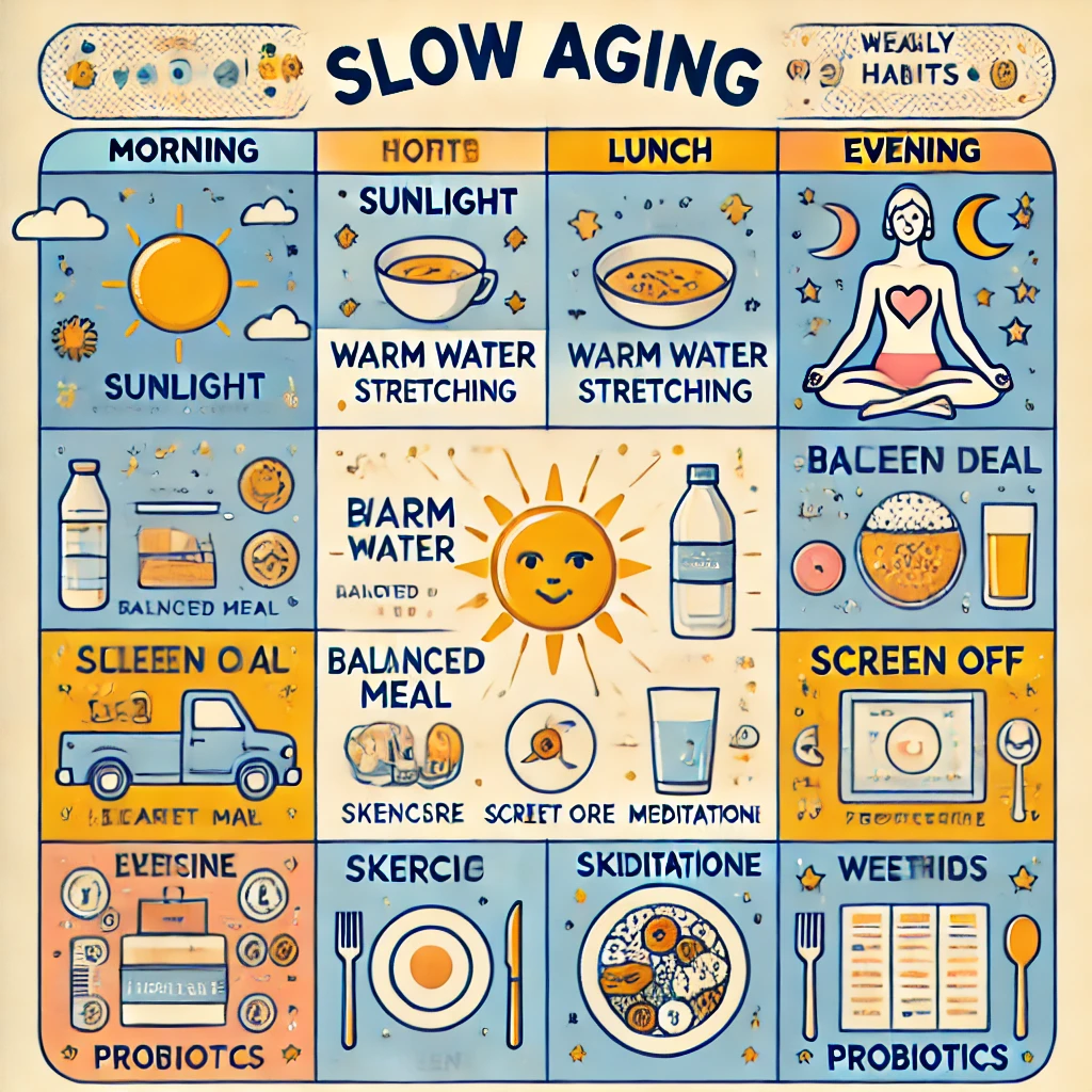 저속노화를 위한 아침–점심–저녁–주간 루틴 일러스트