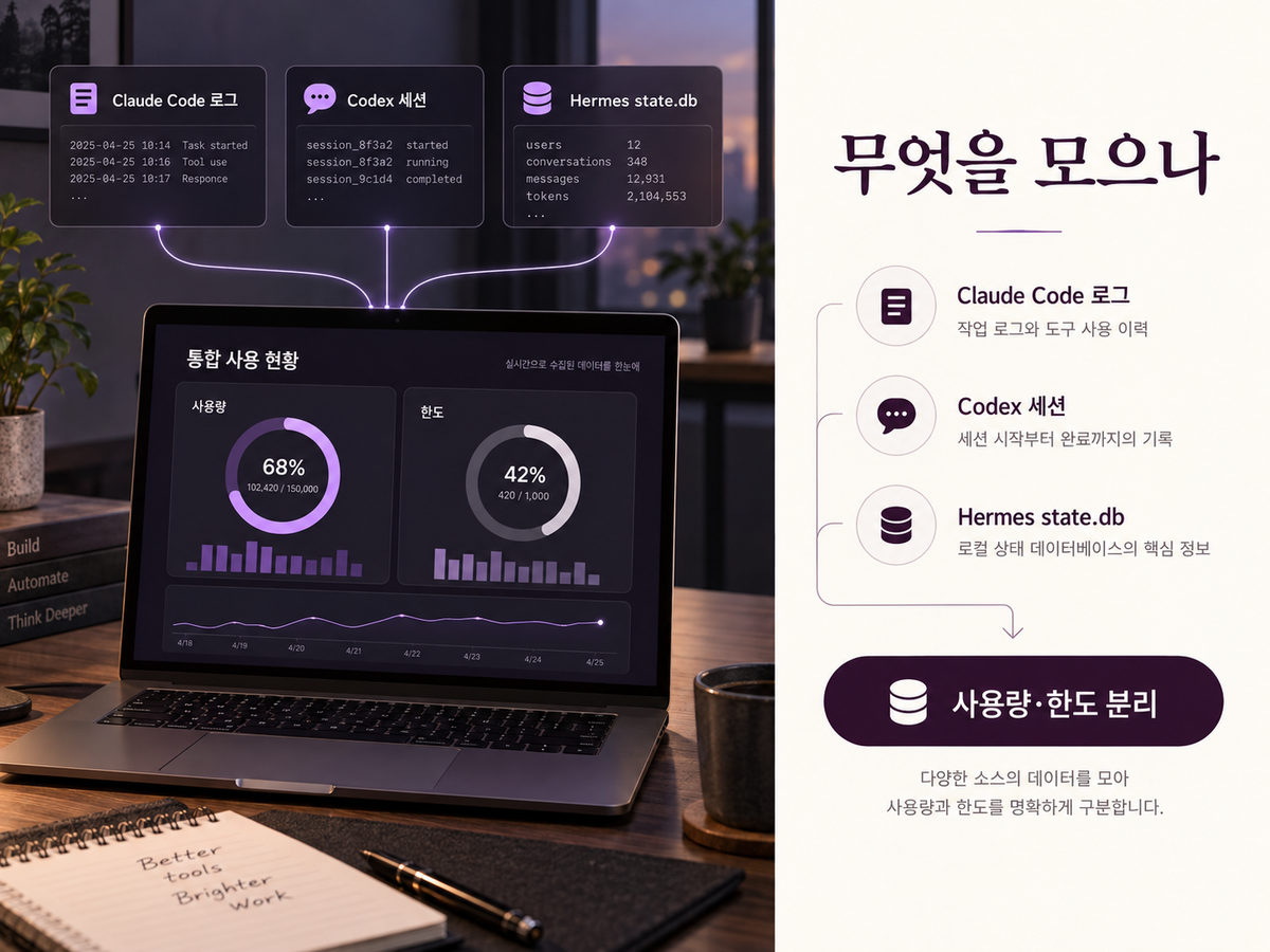 Claude Code 로그·Codex 세션·Hermes state.db를 Token Monitor가 모으고 사용량과 한도를 구분하는 구조