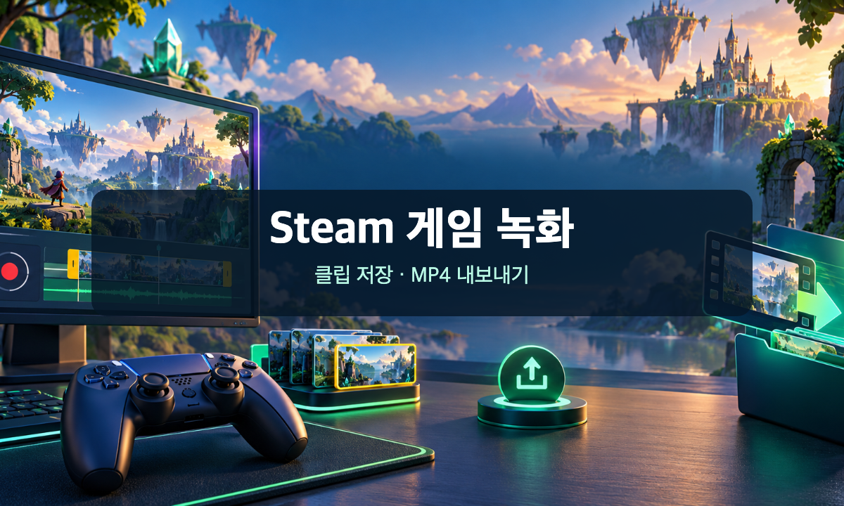 게임 화면과 녹화 타임라인, 클립 구간을 표현한 삽화, Steam 게임 녹화와 MP4 저장 안내