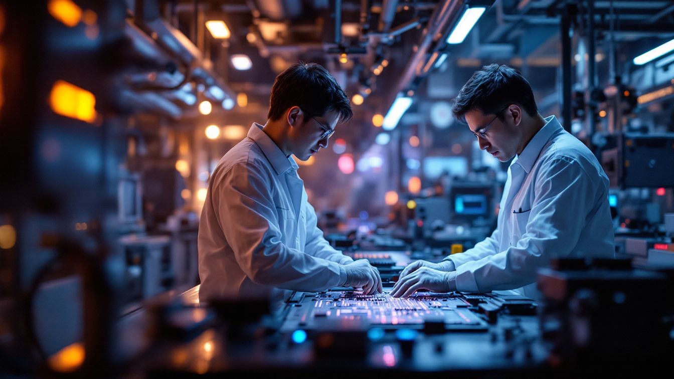 두 남자가 반도체 공장에서 일하고 있다.