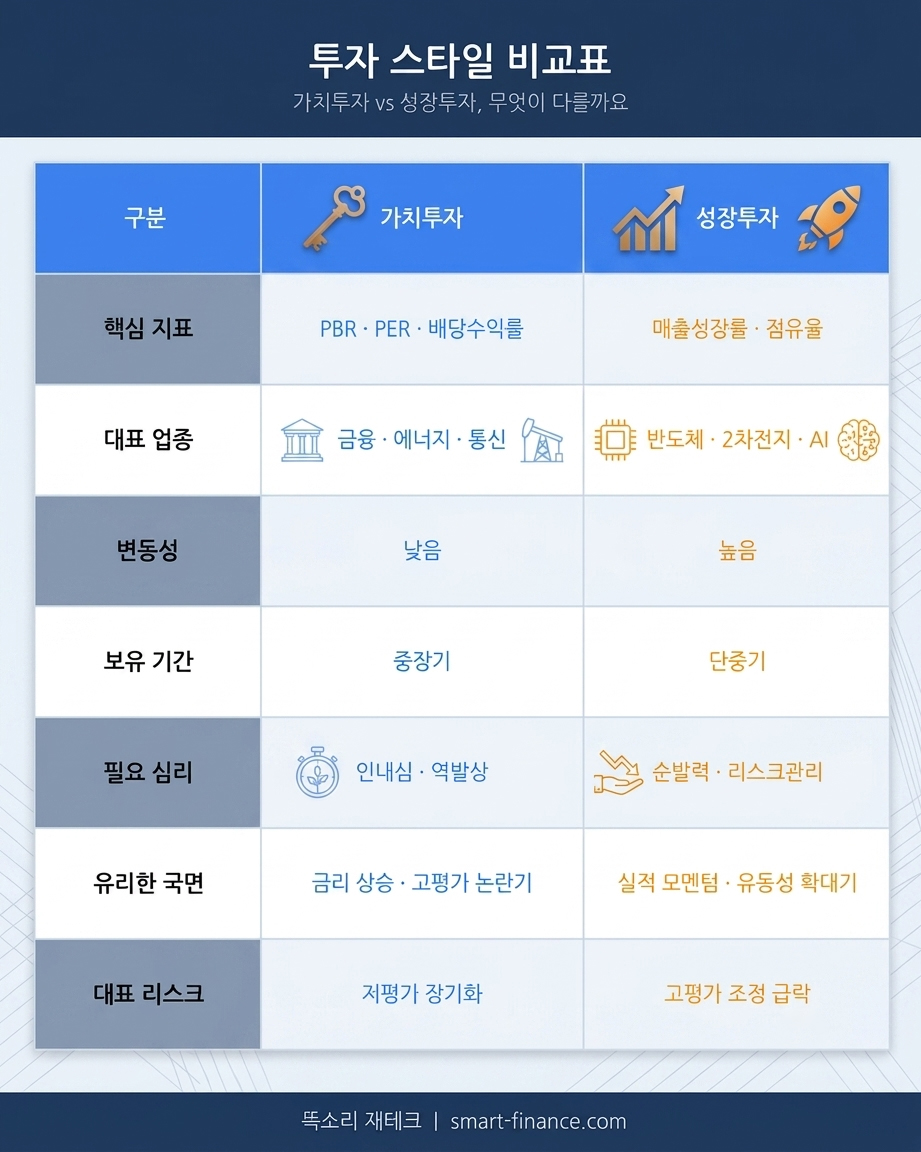 가치투자 vs 성장투자 특징 비교표 인포그래픽