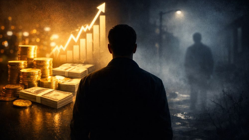 어두운 배경 속 인물의 실루엣이 한쪽은 밝게 빛나는 돈과 상승 그래프를, 다른 쪽은 흐릿한 그림자와 불안한 분위기를 마주하고 있는 모습