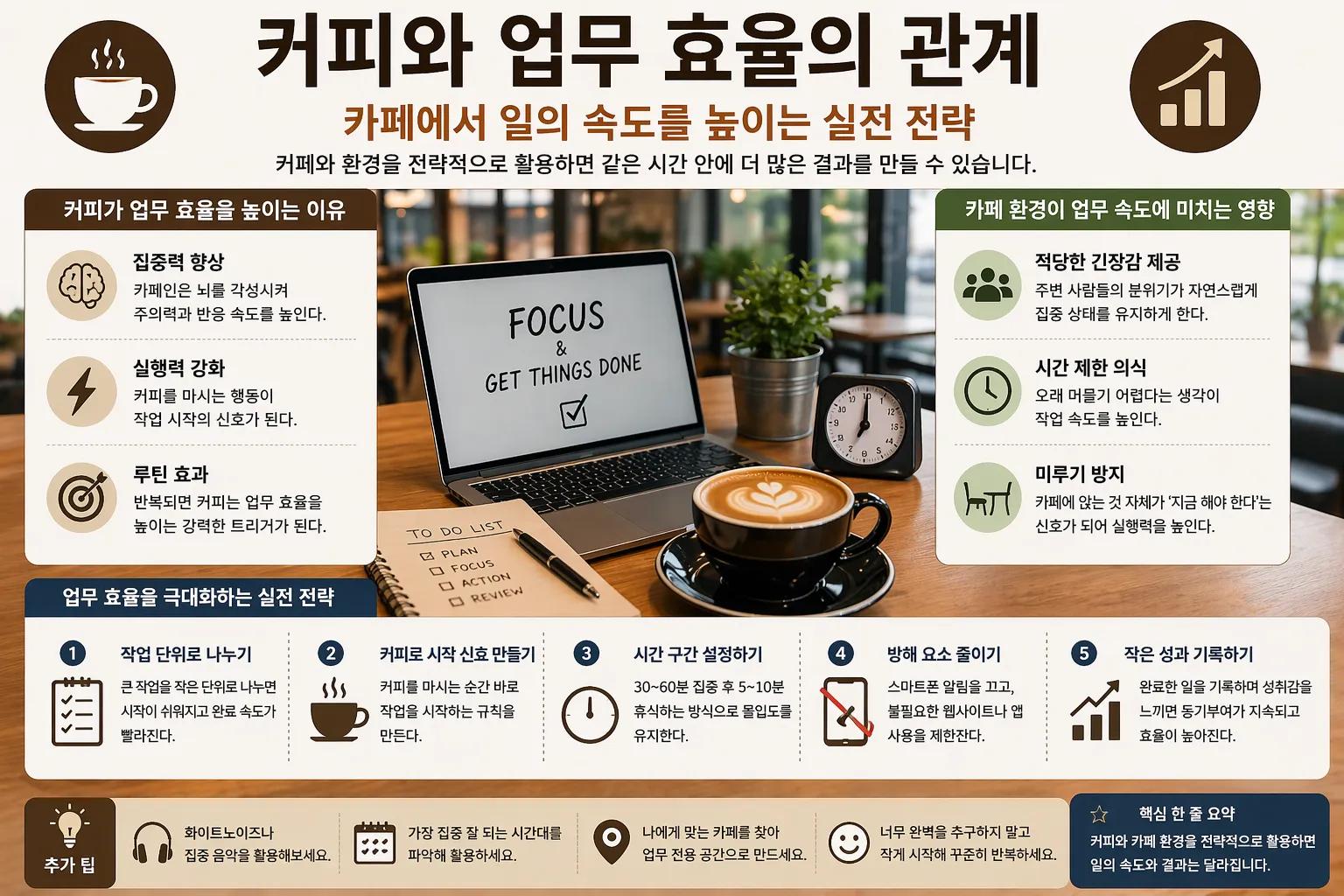 카페 업무 효율 (카페인 각성, 몰입 환경, 집중 루틴)