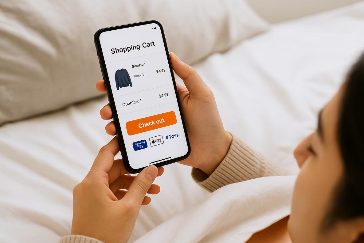 침대에 누운 채 스마트폰으로 쇼핑 결제를 하는 장면