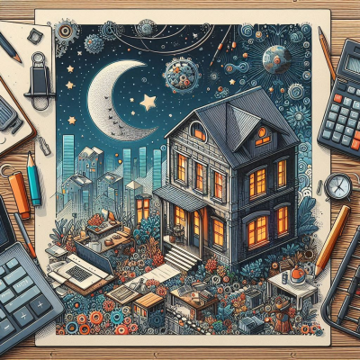 집과 도시를 배경으로 한 타자기, 밤과 별을 표현한 일러스트입니다.