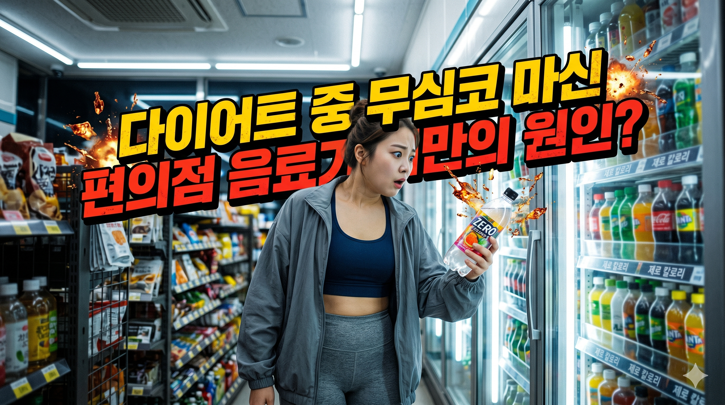 다이어트 중 편의점 음료가 비만의 원인이 될 수 있다는 경고 메시지를 담은 블로그 썸네일 이미지. 배경은 제로 탄산과 음료들이 가득 찬 편의점 냉장고 매대 앞이며, 운동복 위에 회색 져지를 걸친 젊은 여성이 놀란 표정으로 한 손에 제로 음료수 병을 들고 냉장고 안을 바라보고 있다. 이미지 상단에는 '다이어트 중 무심코 마신 편의점 음료가 비만의 원인?'이라는 문구가 노란색과 빨간색의 강렬한 입체 글씨로 쓰여 있으며, 글자 주변에는 폭발하는 듯한 불꽃 효과가 더해져 시선을 사로잡는 강력한 시각적 효과를 연출하고 있다.