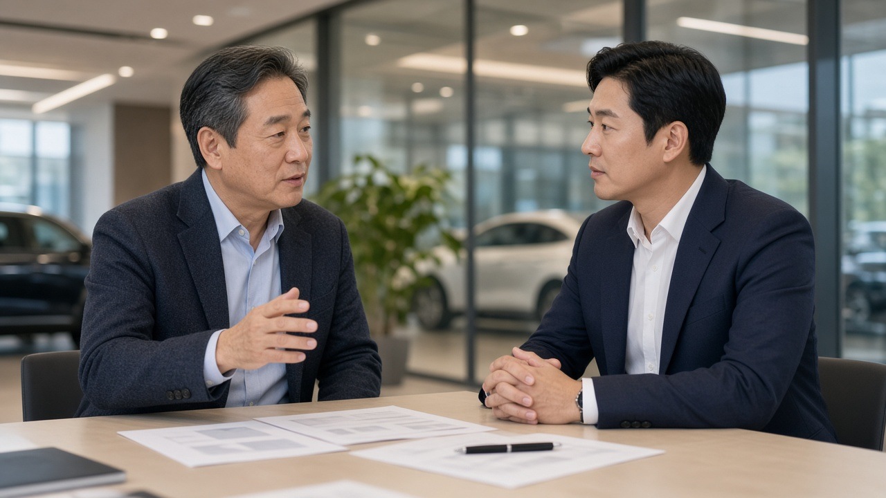 자동차 전시장에서 상담사와 계약 조건을 이야기하는 50대 한국인 남성