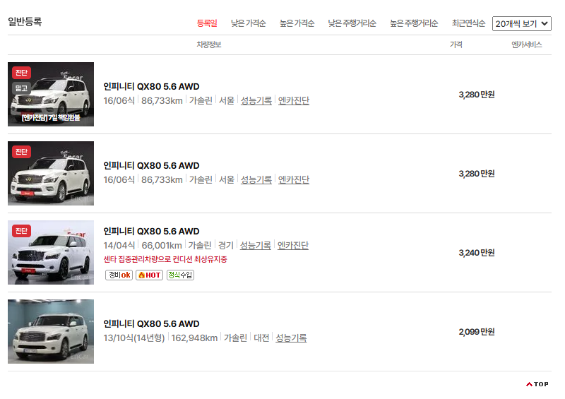 인피니티 QX80 중고차 가격 시세표 연비