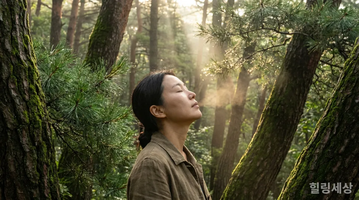 울창한 한국 숲에서 피톤치드를 깊이 들이마시는 사람의 모습
