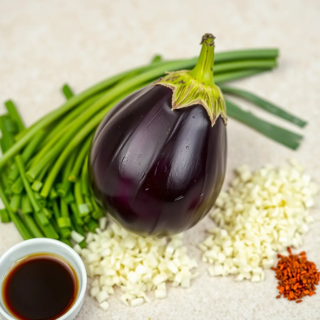 깨끗하게 씻은 통가지&amp;#44; 송송 썰린 대파와 마늘&amp;#44; 그리고 간장&amp;#44; 고춧가루 등 기본적인 양념 재료들이 가지런히 놓여 있는 모습으로&amp;#44; 요리의 신선함과 시작을 알립니다. 