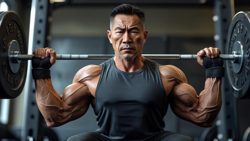 무거운 웨이트 트레이닝을 하는 중년 남자