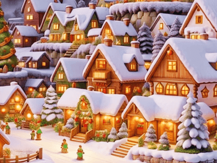 아기자기한 집들이 가득한 마을로 지붕 위에는 하얀 눈이 쌓여있고, 불이 환하게 밝혀진 겨울풍경이다.