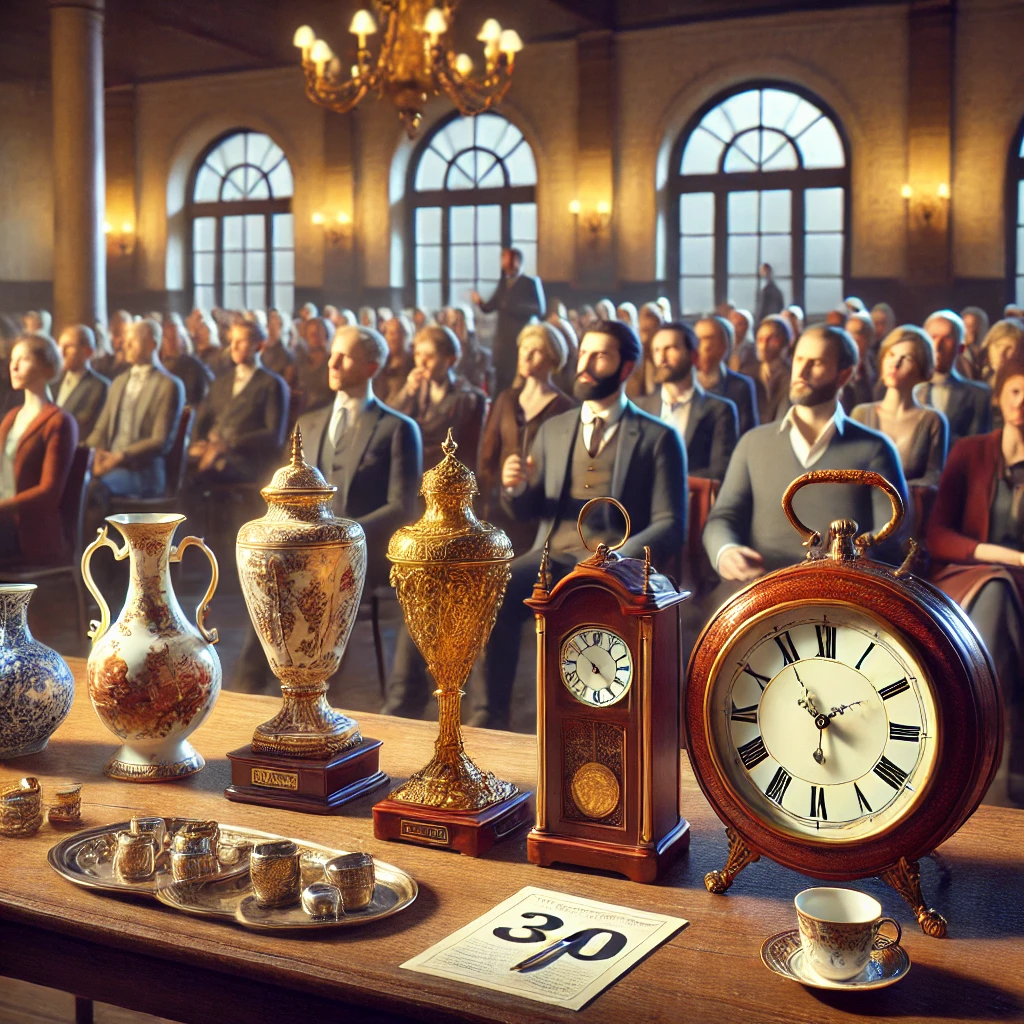 앤티크 경매장에서 빈티지 물품을 경매하는 모습