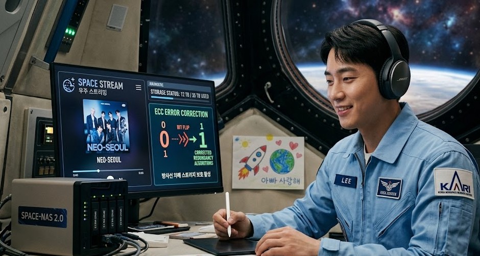 KARI(한국항공우주연구원) 패치를 단 한국인 우주비행사가 우주선 내부 NAS 서버에 접속해 고음질 스트리밍을 즐기는 모습. 모니터에는 방사선으로 인한 비트 플립(Bit Flip) 현상을 ECC 오류 정정 기술로 실시간 수정하는 기술 그래픽이 표시됨.