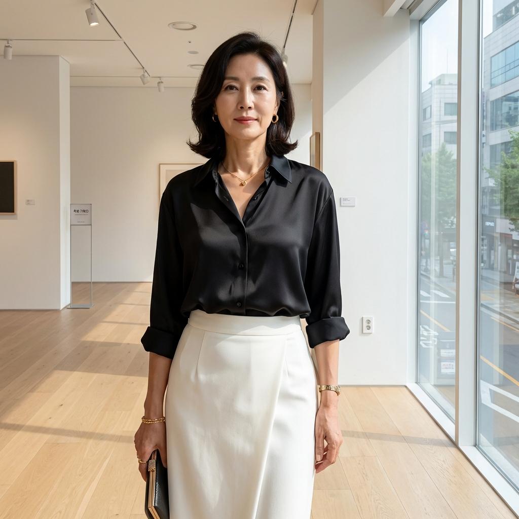 블랙 셔츠와 화이트 랩 스커트의 우아한 대비