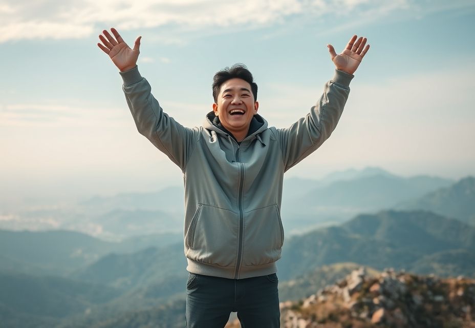 산 정상 전망대에서 두 팔을 들어 올리고 환하게 웃는 한국 남성(푸른 하늘과 산맥 배경)