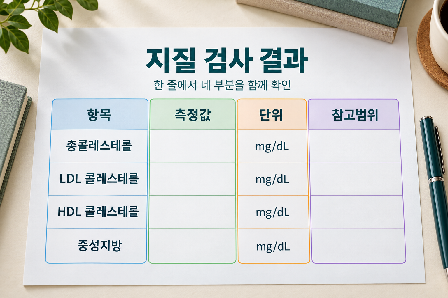 항목·측정값·단위·참고범위 네 부분을 구별한 설명용 결과지