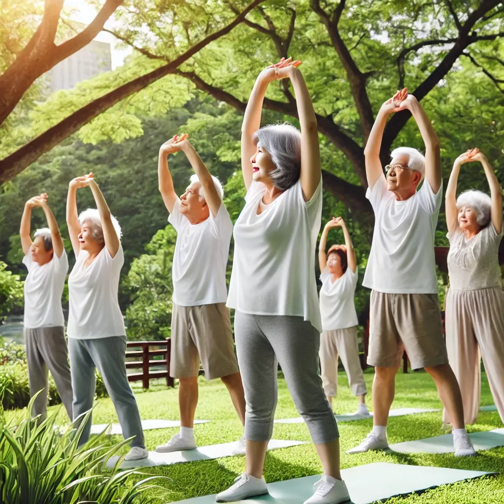 공원에서 가벼운 운동을 하며 치매 예방을 위해 신체 활동을 즐기는 노인들&amp;#44; 신선한 공기와 햇살 속에서 스트레칭을 하는 장면