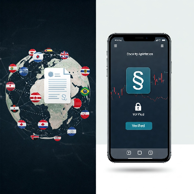 여러 국가 국기가 표시된 지구본과 법률 문서 아이콘이 연결된 네트워크