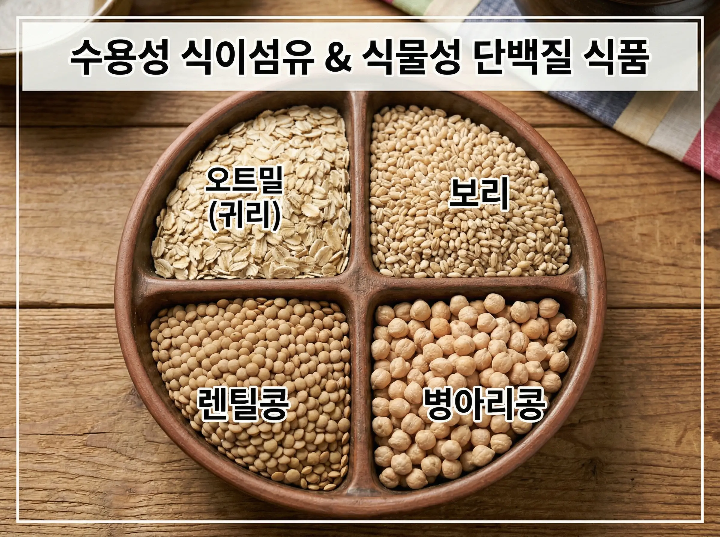 오트밀과 보리, 렌틸콩, 병아리콩이 작은 그릇에 담긴 장면