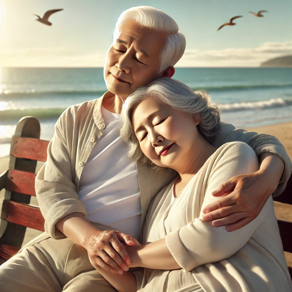 바닷가 벤치에서 오수를 즐기는 노인부부