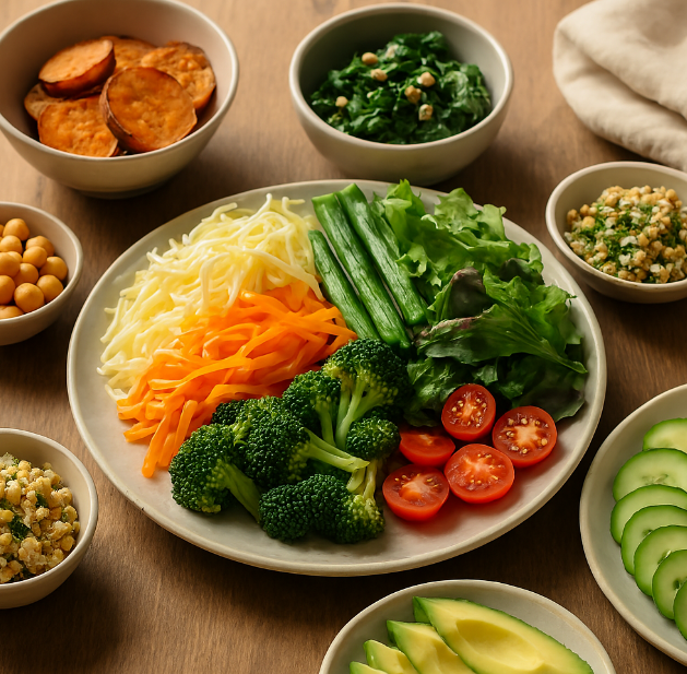 자연광 아래 다양한 채소가 정갈하게 플레이팅된 모습