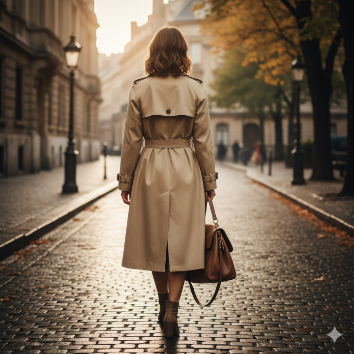 체형을 우아하게 보정해주는 클래식한 트렌치코트를 입은 40대 여성의 뒷모습