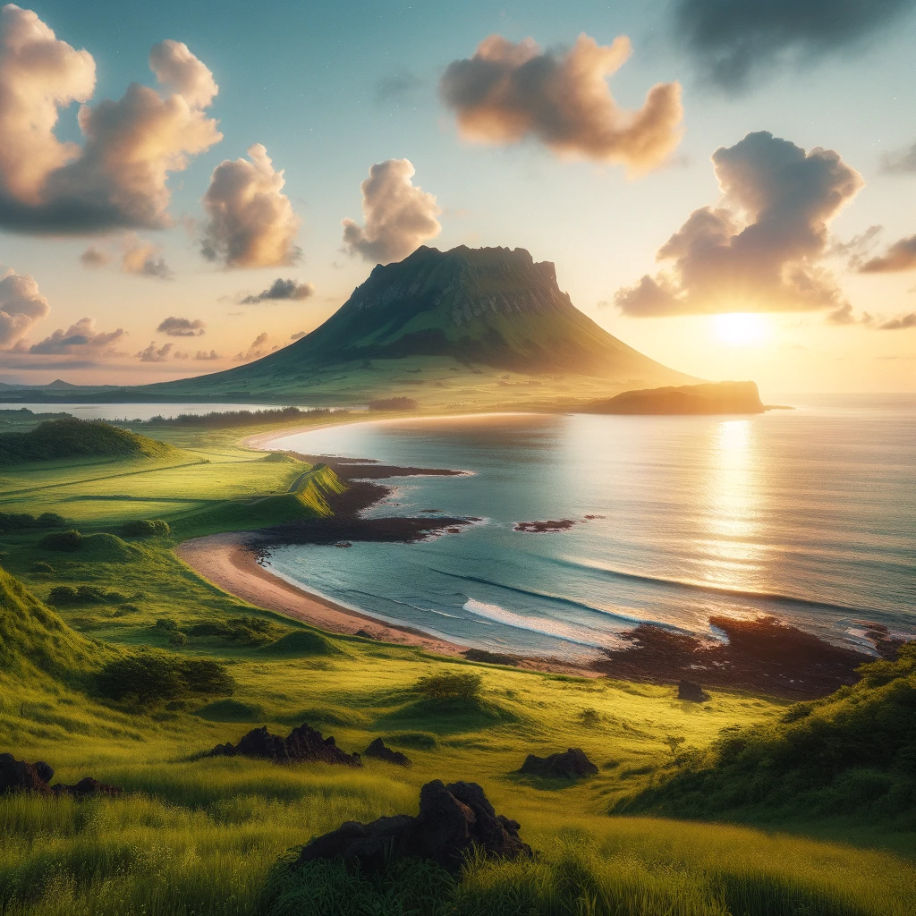 제주도 성산일출봉과 바다 풍경, 아침 햇살과 구름이 어우러진 자연 경관