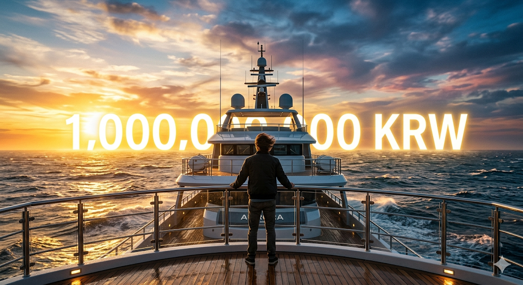 거친 파도를 넘어 황금빛 지평선(10억 자산)을 향해 당당하게 항해하는 투자자의 이미지