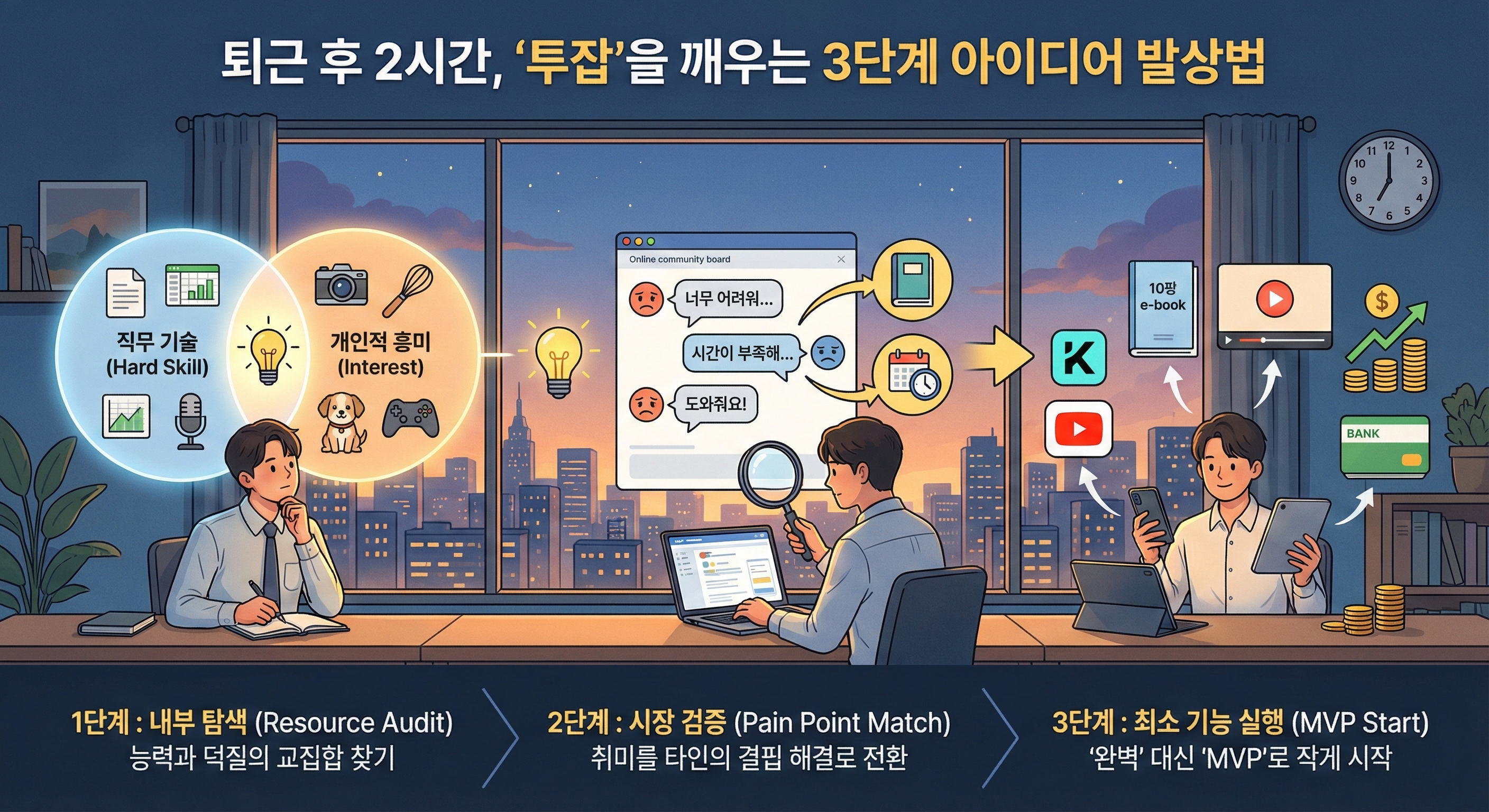 퇴근 후 2시간: '투잡/부업'을 위한 아이디어를 찾는 3단계 발상 ❘ 본업 외에 재능과 관심사를 연결하여 수익화하는 방법