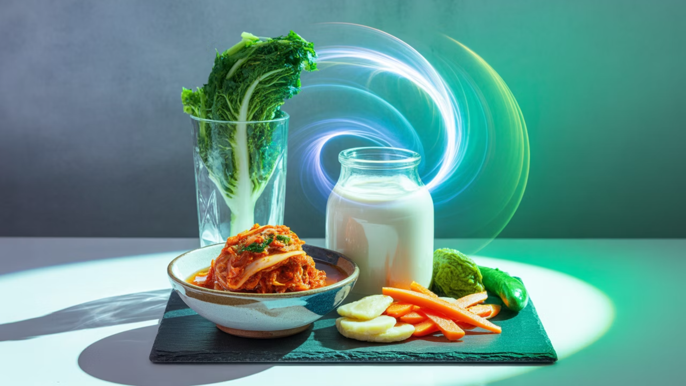 유산균이 풍부한 요거트와 김치를 통해 장 건강을 지키고 면역력을 높이는 방법을 시각화한 이미지