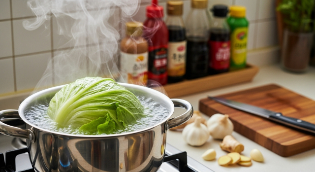 냄비에 상추를 삶는 모습