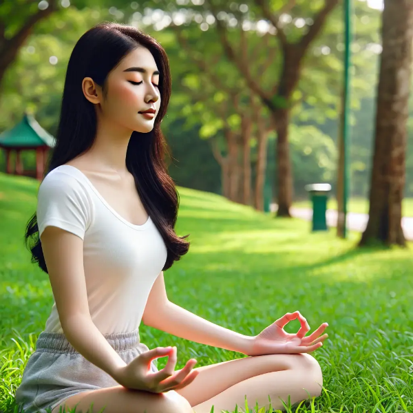 공원 잔디 위에서 명상하며 심신을 단련하는 동양인 여성