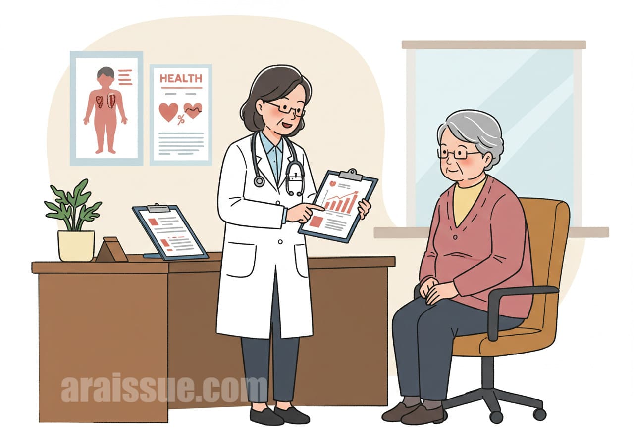 진료실에서 건강제도 상담받는 할머니