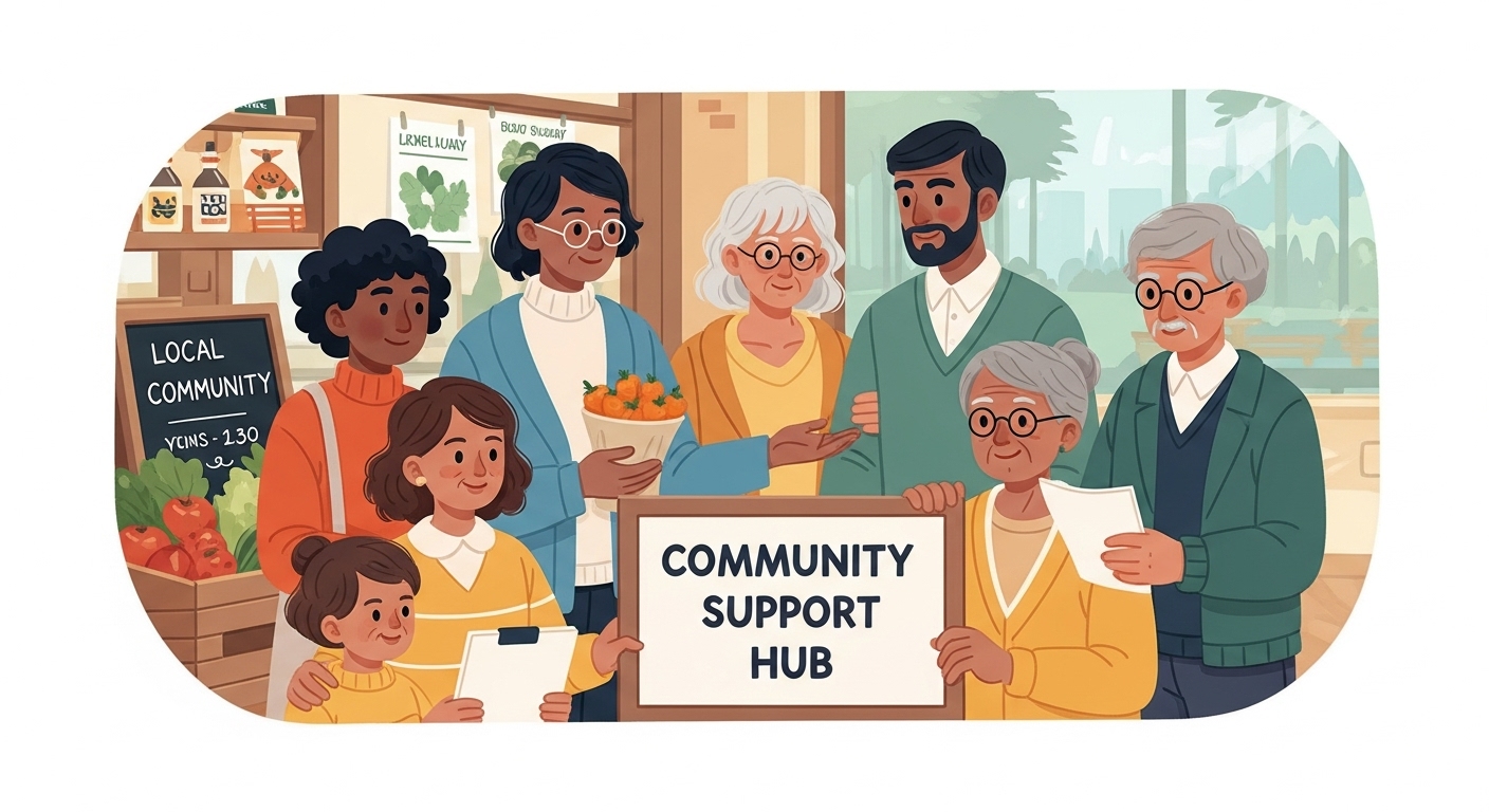 지역 주민들이 한데 모여 지자체 지원을 통해 서로 돕고 따뜻한 공동체를 이루는 모습을 보여주는 친근한 이미지.