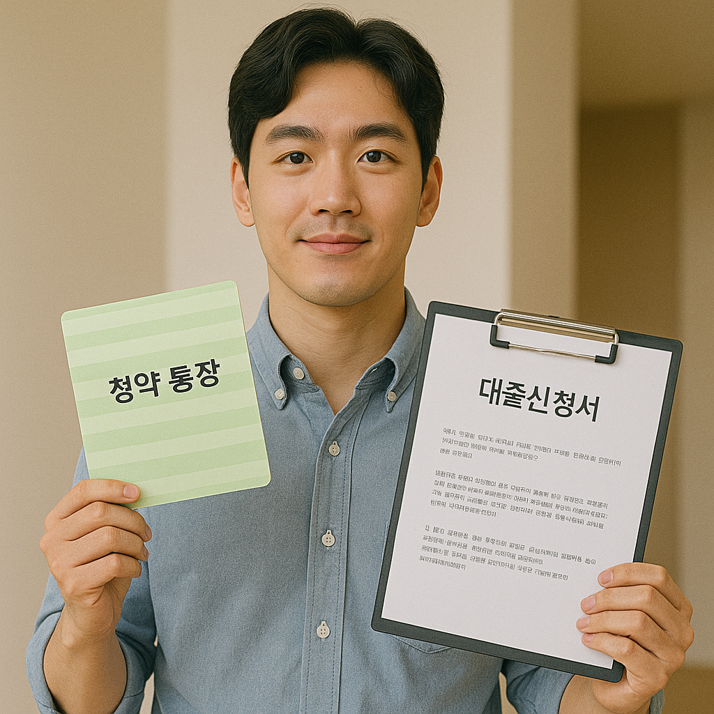 청년이 청약 통장과 대출 관련 서류를 들고 있는 장면