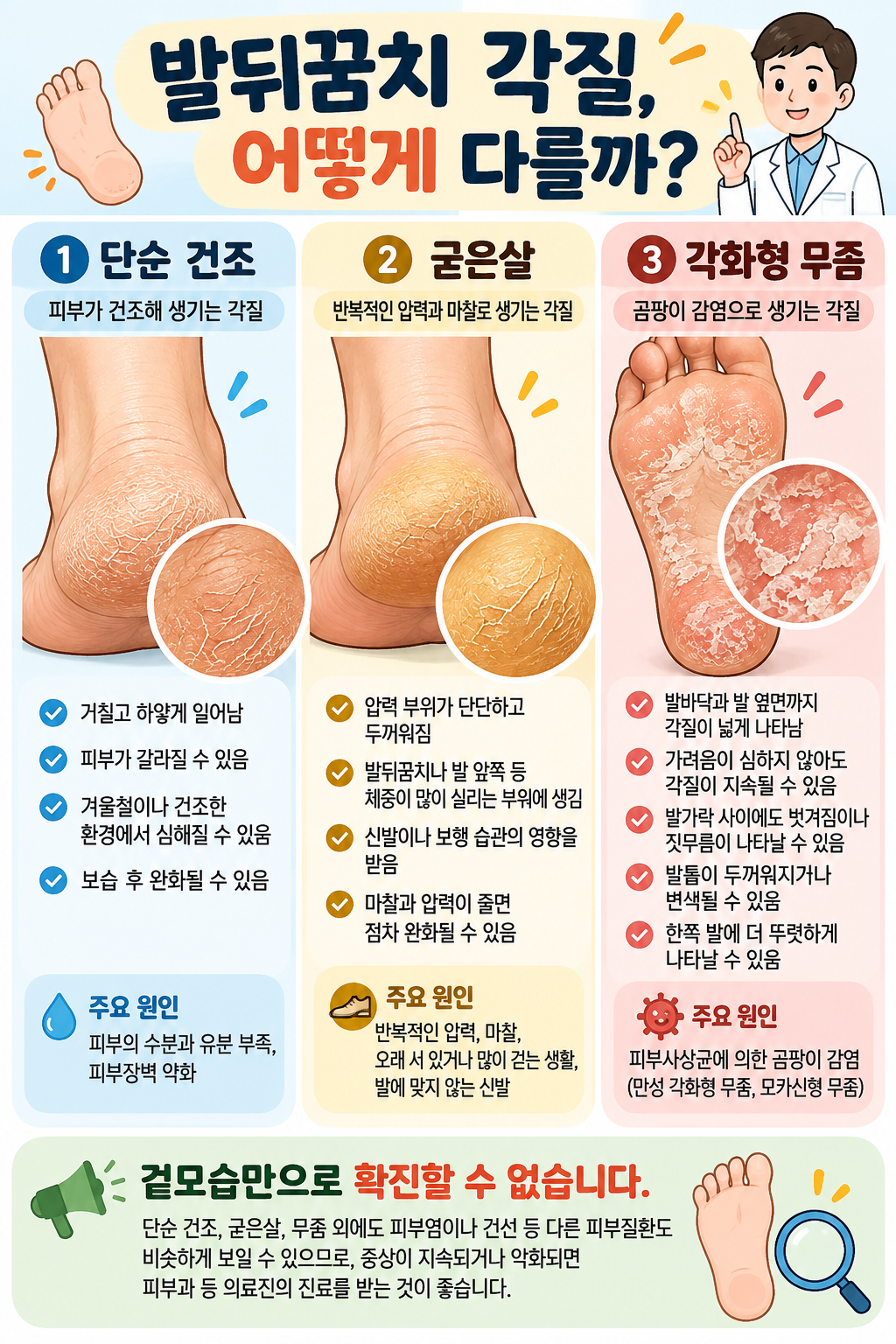 단순 건조와 굳은살, 각화형 무좀의 특징을 비교한 그림