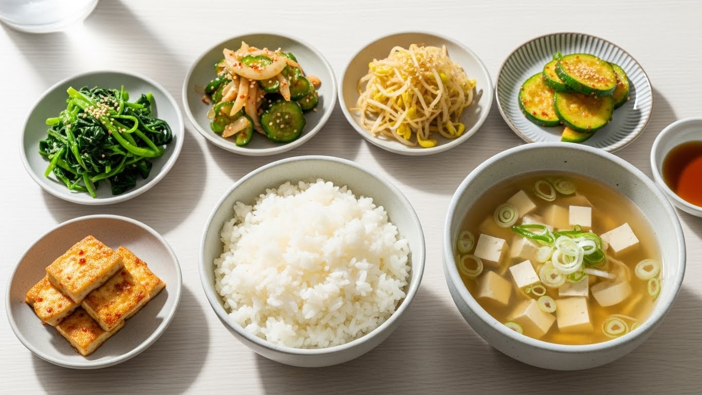 Healthy Korean home-style meal featuring steamed rice, mild tofu soup, and assorted non-spicy vegetable side dishes