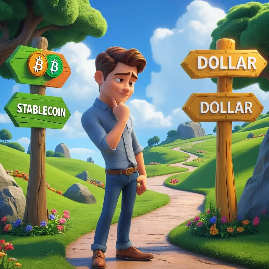 미국 스테이블코인과 달러의 갈림길 앞에서 고민하는 투자자의 모습의 이미지.