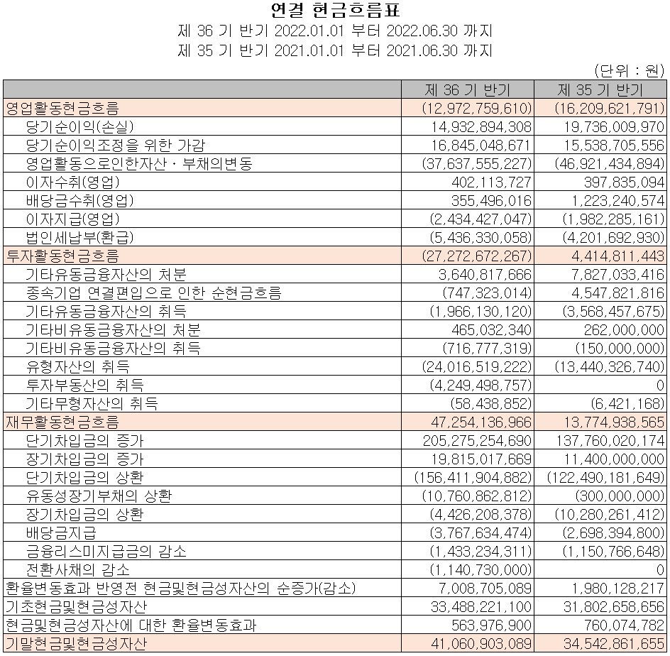 신성델타테크 - 현금흐름표