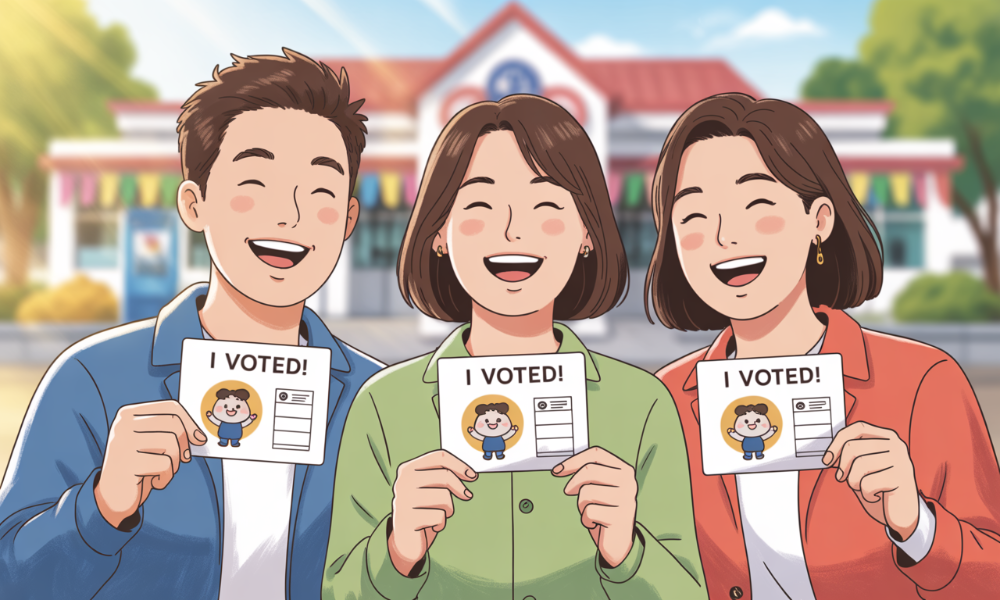 MZ세대가 직접 제작한 투표 인증 종이를 들고 웃는 모습. 캐릭터와 문구로 개성을 표현하며 투표를 독려하는 이미지.