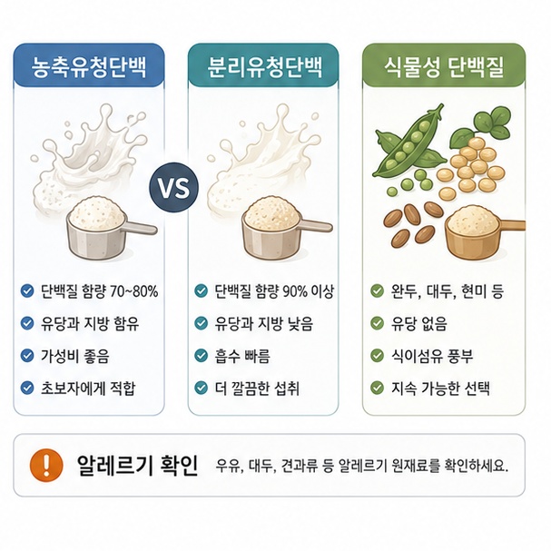 농축유청단백과 분리유청단백, 식물성 단백질의 차이와 알레르기 여부를 확인하는 모습을 보여주는 그림