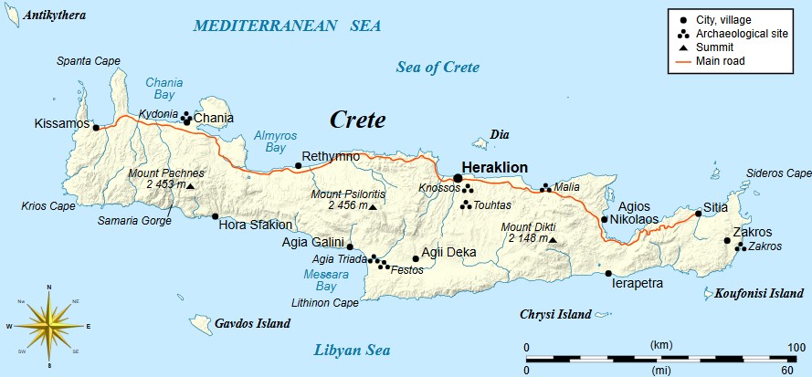 크레타 섬의 지도. 이라클리온, 크노소스 등 주요 도시와 고고학 유적지 및 주요 도로가 함께 나타나 있다.