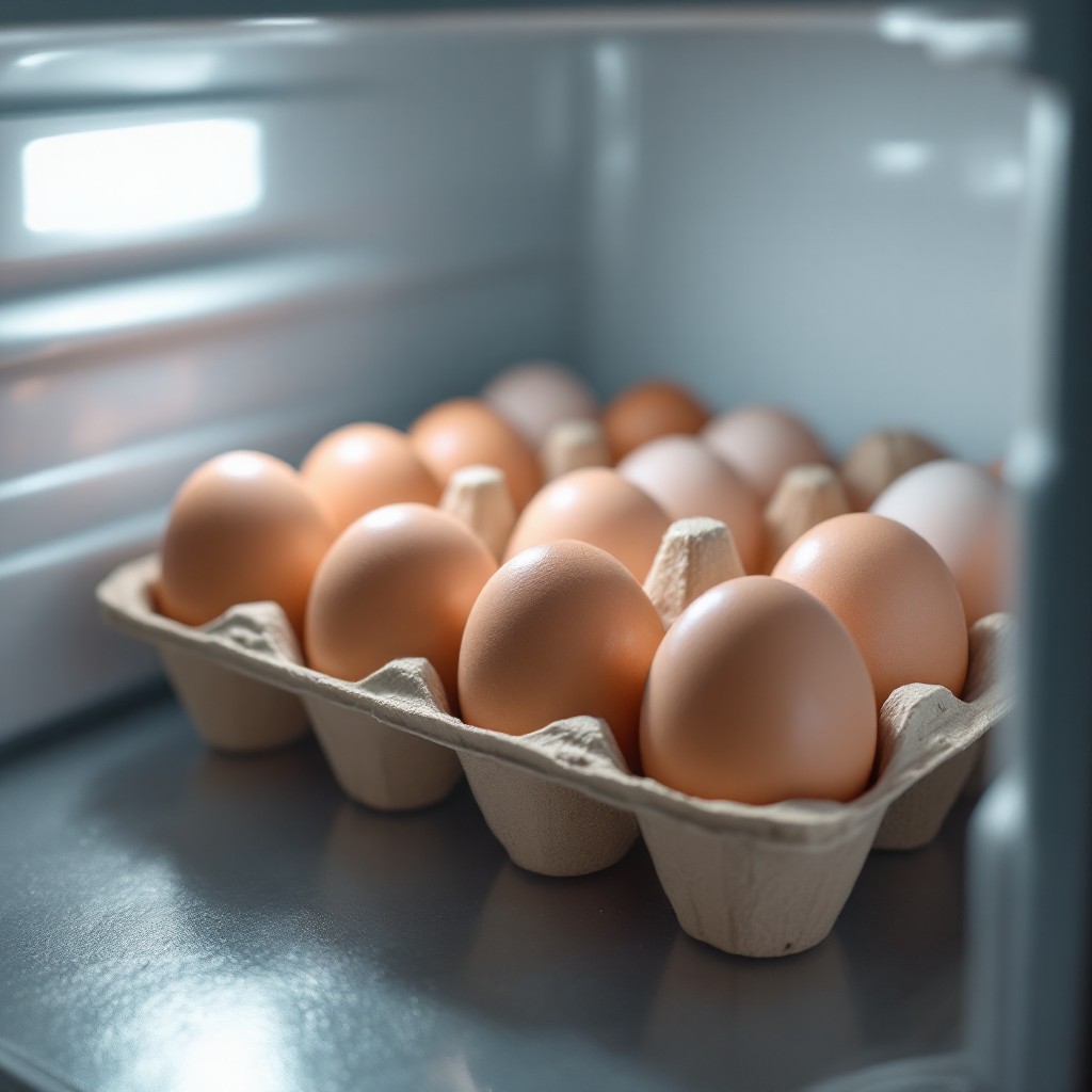 식중독 예방을 위해 냉장고 안쪽에 달걀을 안전하고 위생적으로 보관하는 모습