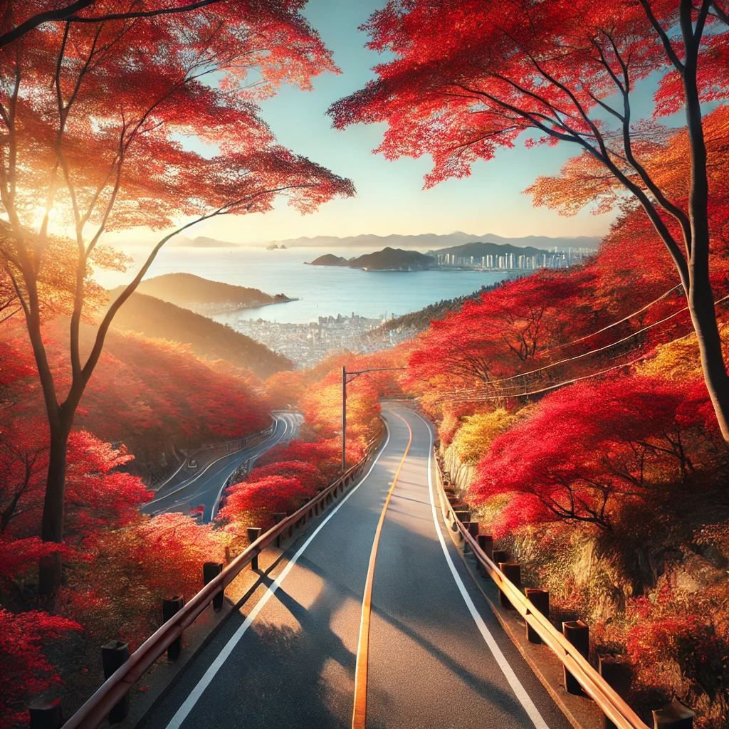 부산 달맞이길 가을 단풍과 해안 풍경이 어우러진 도로