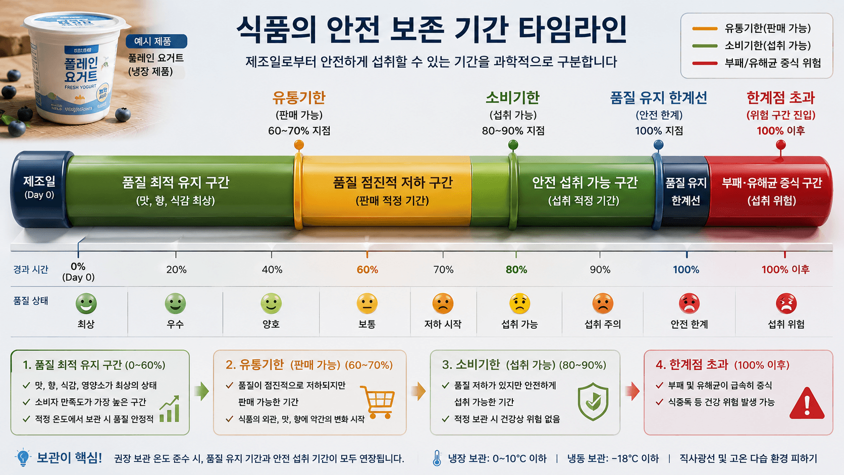 식품의 안전 보존 기간을 가로축 타임라인 막대그래프 이미지