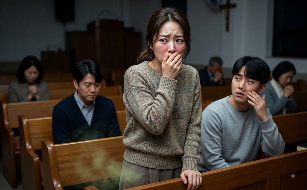 교회에서 방귀 냄새 때문에 당황하는 여성
