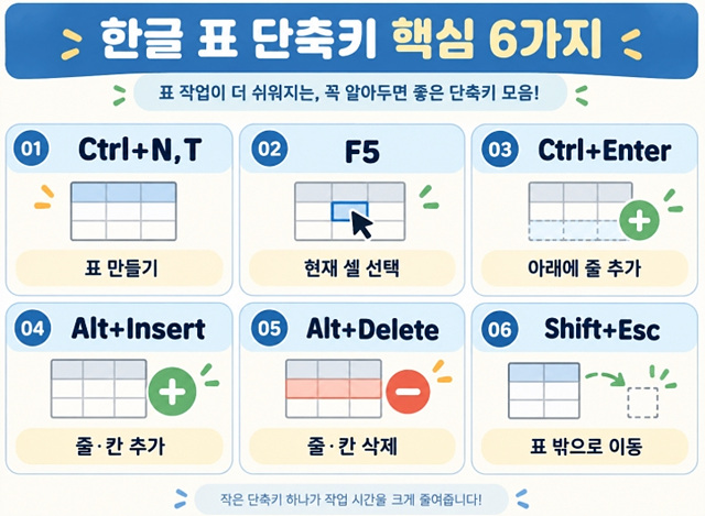 한글 표 단축키 총정리｜줄&middot;칸 추가부터 셀 병합까지
