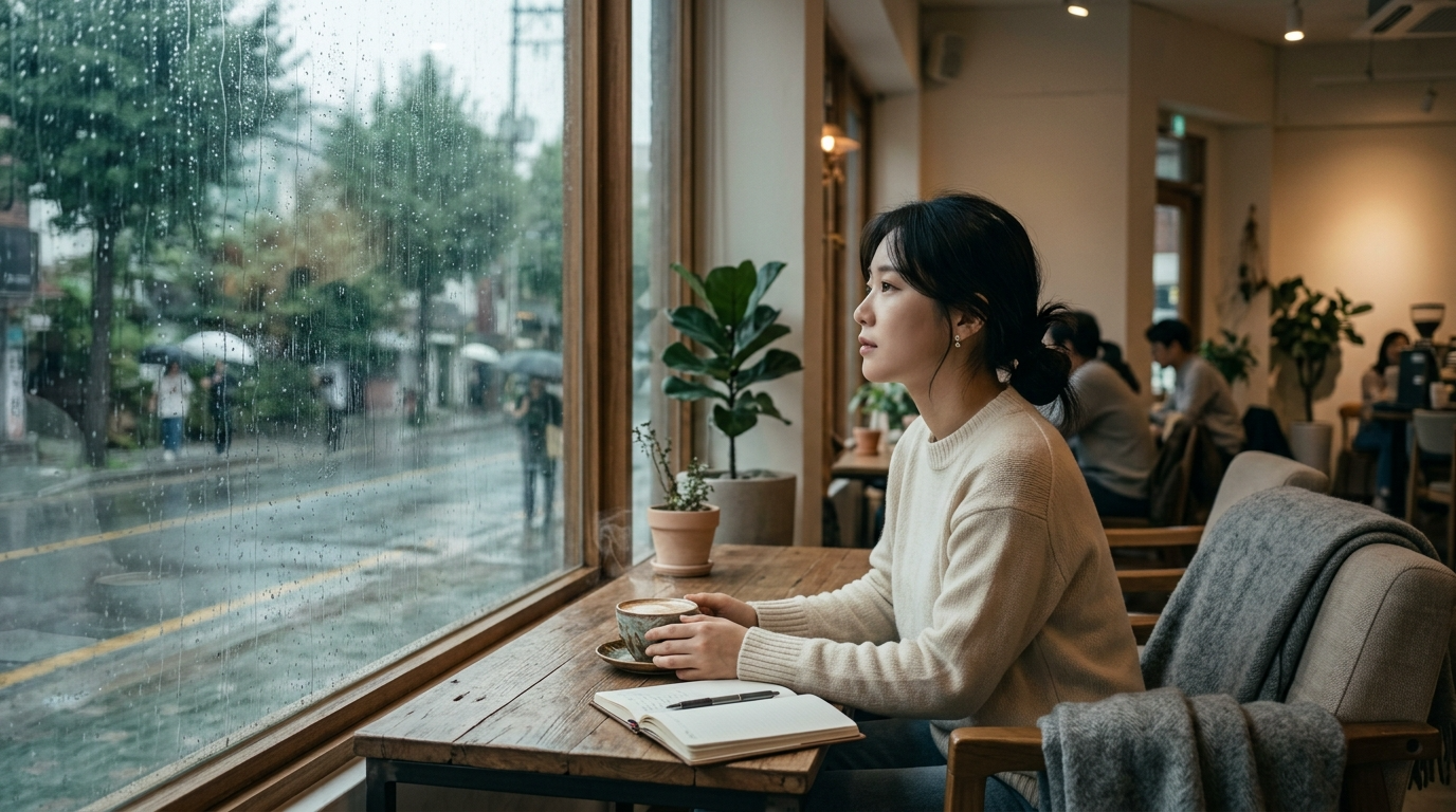 비가 주는 차분함과 창가의 개방감을 가진 공간설계